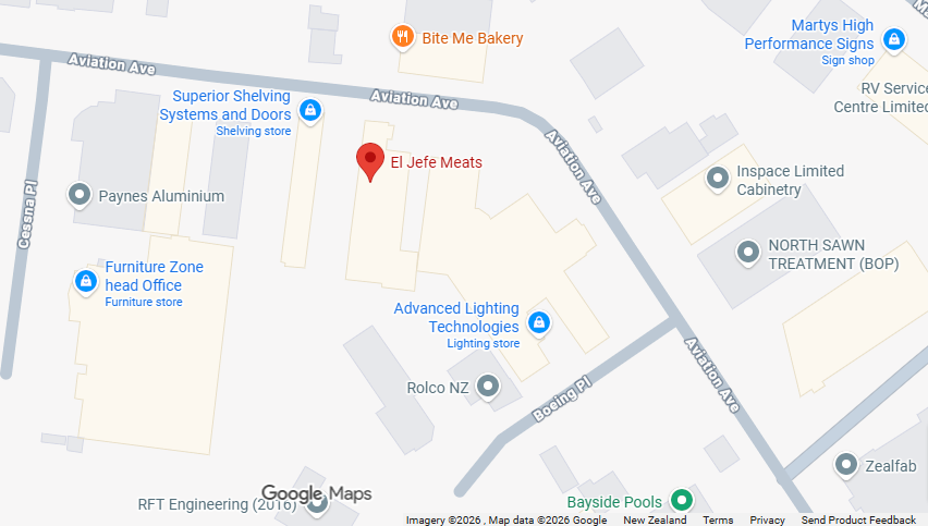 Map showing El Jefe Meats at 3/60 Aviation Ave, Mount Maunganui 3116